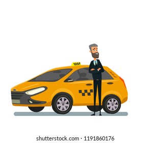 Friendly taxi driver at the car. Vector illustration of a flat design