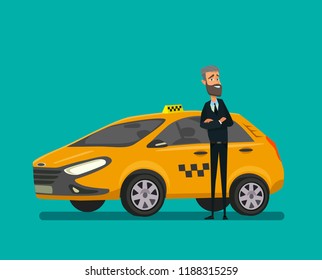 Friendly taxi driver at the wheel of the car. Vector illustration of a flat design