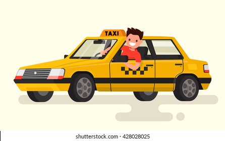 Friendly taxi driver at the wheel of the car. Vector illustration of a flat design