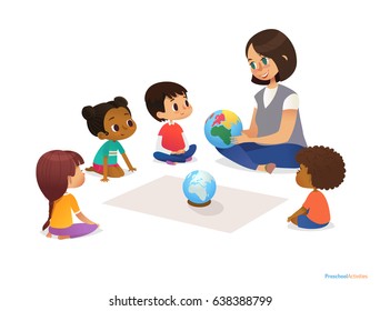 Friendly teacher demonstrates globe to children and tells them about continents. Woman teaches kids using Montessori materials during kindergarten lesson. Vector illustration for banner, website.