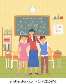 Friendly teacher hugging students vector, classroom with desk and supplies, blackboard with drawing. Education and getting knowledge in college flat style. Back to school concept. Flat cartoon