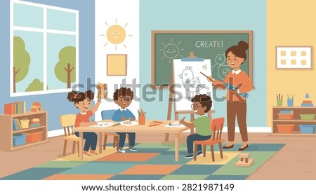 Friendly teacher showing children how to draw a bird on an easel in a colorful kindergarten or elementary classroom.