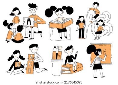 Friendly teacher and students characters in english school set. Hand drawn outline design style minimal vector illustration.