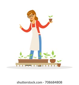 Friendly teacher telling about plants during lesson of botany in kindergarten cartoon vector Illustration