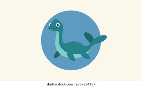 Friendly teal Loch Ness monster or plesiosaur sea dragon swimming inside a blue circle icon illustration.