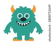 A friendly teal monster with orange horns and sharp teeth smiling happily isolated on white