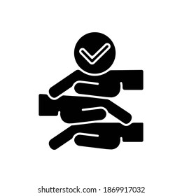 Friendly team black glyph icon. Professional team building, company personnel unity. Community togetherness, teamwork silhouette symbol on white space. Hands stack vector isolated illustration