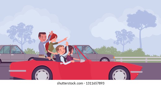 Friendly team going first and fast. Group of young happy people driving speed car, colleagues work well reaching together great business results, teamwork and friendship metaphor. Vector illustration