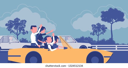 Friendly team going first fast. Group of young happy people driving speed car, colleagues work well reaching together business result, teamwork and friendship. Vector illustration, faceless characters