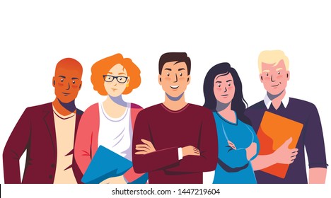 Friendly team. Happy colleagues are standing together and smiling. Image of men and women to the waist. Company presentation. Colorful flat vector illustration isolated on white background