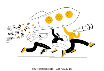 A friendly team launches a rocket. Vector illustration on the topic of teamwork in a startup.