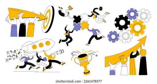 A friendly team launches and supports the development of a new project. A set of vector illustrations on the topic of team work and the launch of a startup.