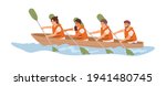 Friendly team rowing in boat together. Concept of effective collaboration and organized teamwork. Good relationship between colleagues. Colored flat vector illustration isolated on white background
