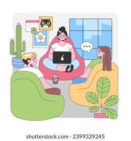 Friendly team in a vibrant shared space. Casual chats amidst bean bags, digital work on laptop, adorned with lively posters and indoor plants. Light-filled room, laid-back vibe. vector illustration