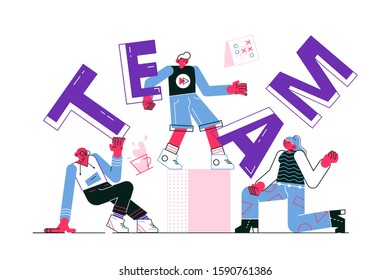 Friendly team of workers, vector illustration. Positive funny man and woman in casual clothes dancing together flat style design. Teamwork and team building concept