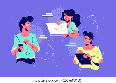 Friendly teamwork collaboration vector illustration. Cooperation time. Team of co-workers creative new project together flat style design. Teambuilding concept