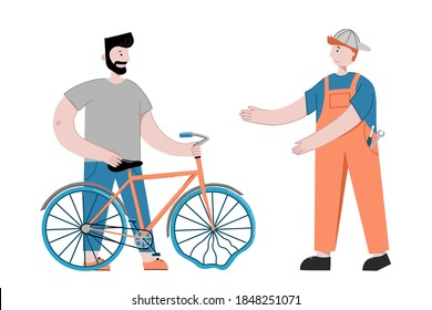 Friendly Technician Fixing A Bike In The Repair Shop Illustration. Bicycle Mechanic Repairing A Bicycle Drawing. A Guy With A Broken Bicycle Wheel Design.  Repair Broken Bicycle Poster