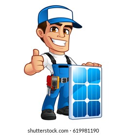 Friendly technician installer of solar panels, he wears a belt with tools