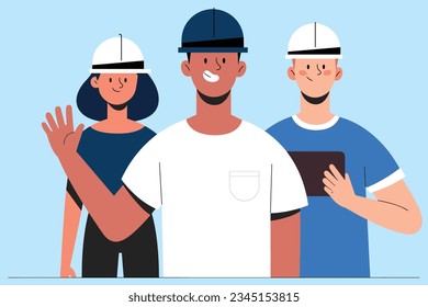 Friendly technicians with helmets waving hand front view vector illustration