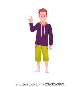 Friendly teenager in hoodies and breeches. Smart student shows a hand gesture everything is ok. Schoolboy, pupil cartoon character. Generation people flat vector illustration. Happy youth time