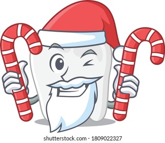 Friendly tooth dressed in Santa Cartoon character with Christmas candies