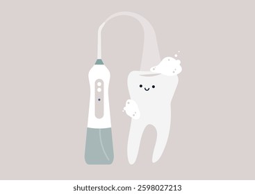 A friendly tooth mascot cheerfully interacts with a colorful toothbrush, encouraging children to maintain their oral hygiene through fun and engaging dental practices