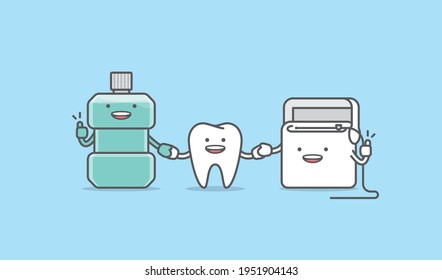 A friendly tooth, mouthwash , floss cartoon character holding hand together, Meaning is the tooth be healthy by cleaning with mouthwash and floss, illustration vector, Dental care concept.