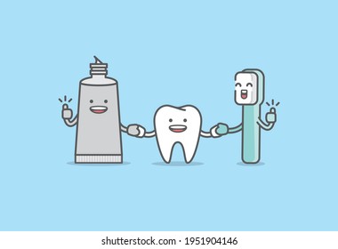 A friendly tooth, toothbrush, toothpaste cartoon character holding hand together, Meaning is the tooth be healthy by cleaning with toothbrush and toothpaste, illustration vector, Dental care concept.