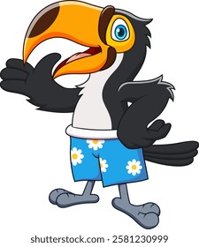 Friendly toucan cartoon in blue daisy shorts. Suitable for tropicalthemed designs, childrens illustrations, and greeting card concepts.