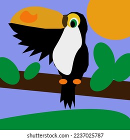 A friendly toucan on a green branch in front of the golden sun.