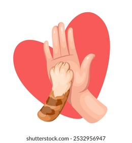 Friendly touch of cartoon cats paw and humans, high five gesture inside red heart. Funny animal greeting person. Love, happy friendship mascot, cartoon kitten giving paw vector illustration