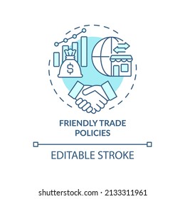 Friendly trade policies turquoise concept icon. Encouraging business activity abstract idea thin line illustration. Isolated outline drawing. Editable stroke. Arial, Myriad Pro-Bold fonts used