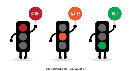 Friendly traffic light character set featuring animated mascots holding Stop, Wait, and Go signs. Perfect for children's road safety education, driving schools, classroom materials, transportation awareness campaigns, educational posters, public safety programs, and traffic learning resources.