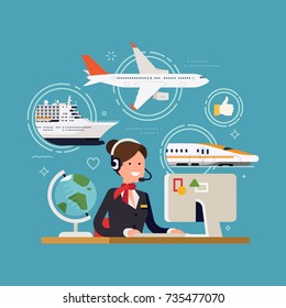 Friendly travel agent ready to serve in choosing and selling tour, cruise, airway or railway tickets or vacation package, flat design, vector. Concept illustration on travel and tourism