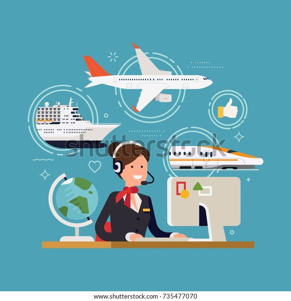 Friendly\
travel agent ready to serve in choosing and selling tour, cruise,\
airway or railway tickets or vacation package, flat design, vector.\
Concept illustration on travel and\
tourism