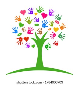 Friendly tree with hands, hearts and lips icon logo - stock vector