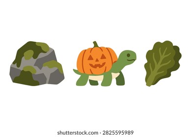 Friendly turtle carrying jack-o-lantern on its back, beside rock and leaf.