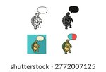 A friendly turtle stands upright, with different speech and thought bubble designs displayed in various artistic executions.