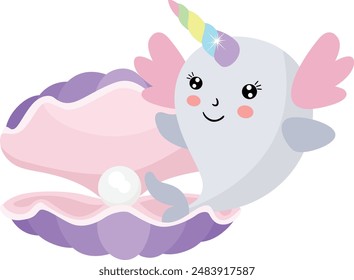 Friendly unicorn whale with pearl clam shell
