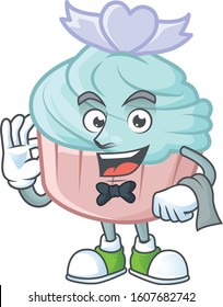 Friendly vanilla blue love cupcake Character stand as a Waiter character