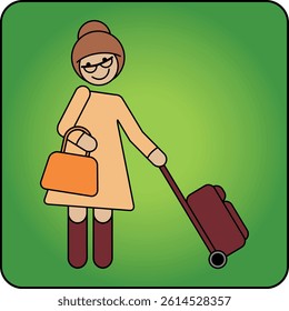 Friendly vector icon of an elderly woman with coat, hat and suitcase. Travel-themed pictogram for mobility, vacation, public transport or senior lifestyle content.