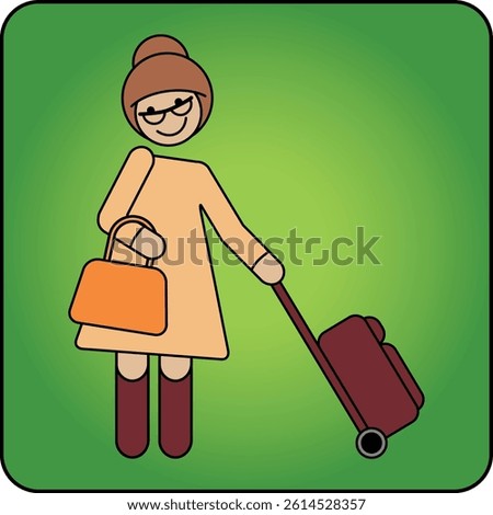 Friendly vector icon of an elderly woman with coat, hat and suitcase. Travel-themed pictogram for mobility, vacation, public transport or senior lifestyle content.