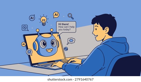 Friendly vector illustration showing a man interacting with an AI chatbot. Perfect for technology blogs, customer support websites, and modern digital communication marketing materials.