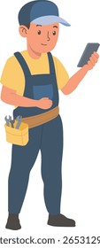 A friendly vector illustration of a young, smiling male mechanic, wearing a dark blue cap with a light blue brim, a yellow t-shirt, dark blue overalls, and a yellow tool belt