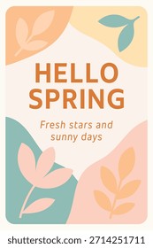 Un diseño de Vertical amigable con hojas suaves y pétalos que anuncian hola primavera con una subpartida soleada.