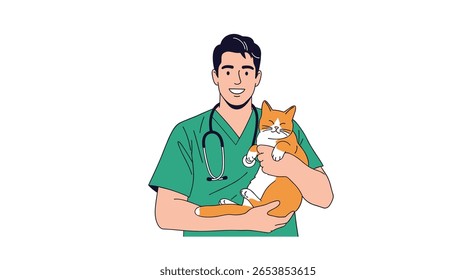 Veterinário amigável com um gato gengibre saudável sorrindo calorosamente em um ambiente clínico que oferece serviços de cuidados com animais