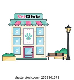 Friendly veterinary clinic with colorful facade, Vector