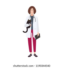 Friendly veterinary physician, veterinarian or vet wearing white coat and holding cat. Cheerful female cartoon character isolated on white background. Colorful vector illustration in flat style.