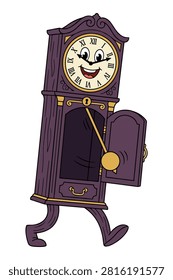 Friendly vintage clock with legs and arms smiling while moving pendulum inside open wooden cabinet.