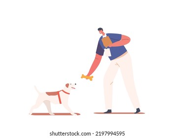 Friendly Volunteer Feeding Dog In Animal Shelter Or Pound. Young Man Giving Bone To Homeless Puppy, Male Character with Package Isolated On White Background. Cartoon People Vector Illustration